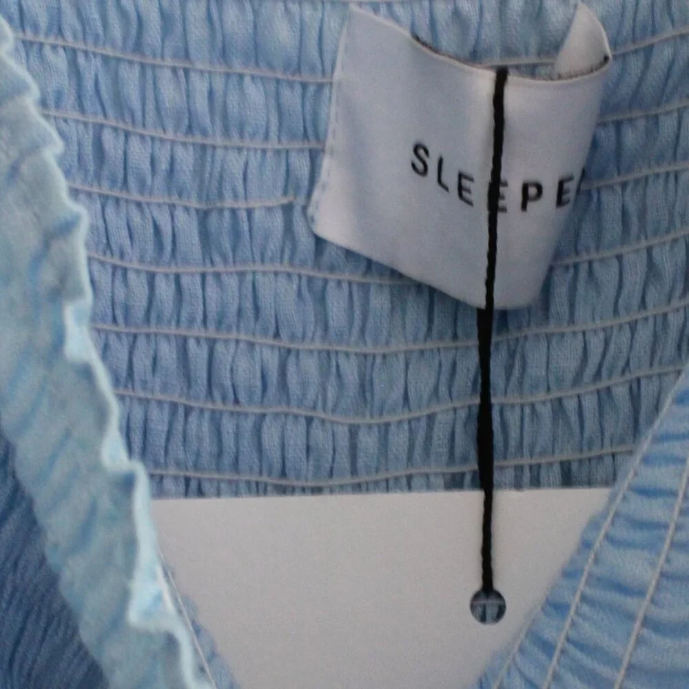 Sleeper Atlanta Midi Linen Dress in Light Blue Puff Sleeve Smocking - Picture 5 of 12